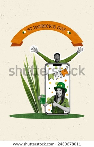 Vertical greeting brochure collage of cheerful glad people celebrate together festival saint patricks day isolated on painted background