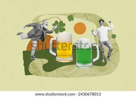 Collage banner picture of smiling carefree people have fun disco huge beer mug celebrate st patcrick day isolated on drawing background