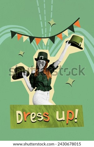 Postcard collage banner of cheerful positive girl hold cap dress up theme party saint patricks day isolated on drawing background