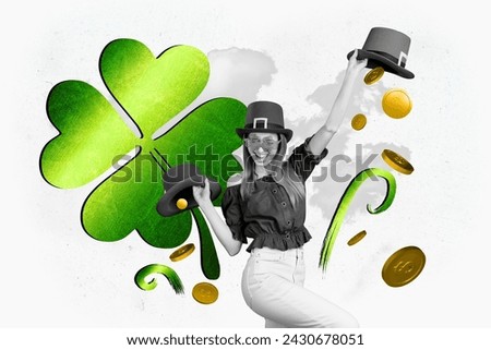 Poster template collage of cheerful joyful lucky girl hold two caps golden coins isolated on painted background