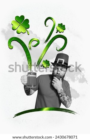 Collage black white gamma picture of minded man wear cap hold beer hand touch bead isolated on painted background