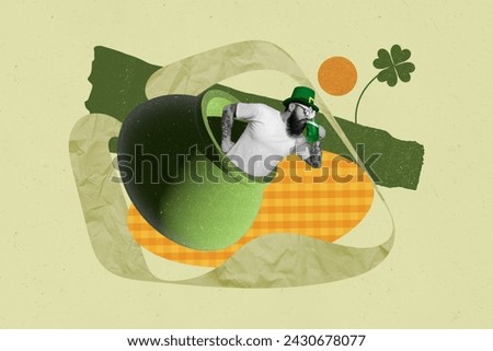 Collage greeting picture of young cheerful man inside big pot drink beer celebrate st patrick day isolated on drawing background