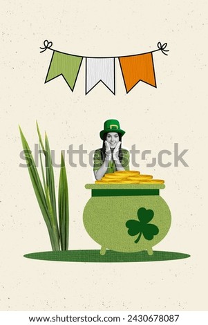 Poster picture collage of cheerful lovely rich girl collecting golden coins huge pot isolated on painted background