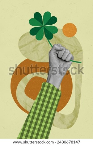 Collage banner picture of arm hold traditional irish symbol green shamrock leaf isolated on drawing background Royalty-Free Stock Photo #2430678147