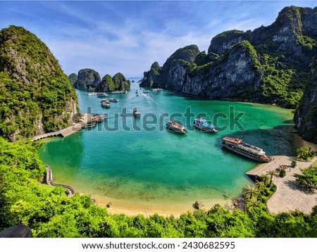 Mountain with rivers, boats,greenery with sky scene.