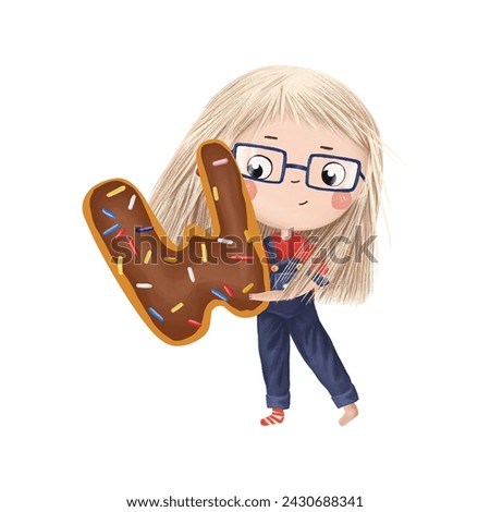 Cute little girl with chocolate donut- letter W on white background. Learn alphabet clip art collection