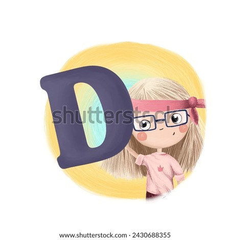 Cute little girl with letter D. Colorful cartoon graphics. Learn alphabet clip art collection on white background
