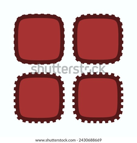 Perforated edge red squircle stroke shapes. A group of four curved squares with notched edges. Isolated on a white background. Royalty-Free Stock Photo #2430688669