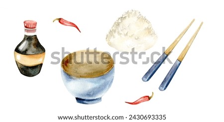 Asian food watercolor illustration with rice ,ceramic blue bowl , chopsticks, soy sauce bottle, rice hollow and red hot chili pepper. Hand drawn isolated clip art for menu, restaurant, cafe , kitchen 