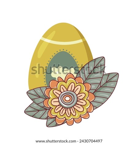 Easter egg of bright flowers and leaves, isolated on a white background. This Easter egg is decorated with hearts. Hand-drawn. Vector illustration.