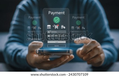 Human with online payment and shopping online, online banking digital technology, purchases, digital marketing, bank, banking applications, Financial transaction and global business online