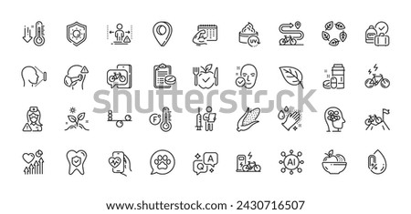 Sun protection, Low thermometer and Uv protection line icons pack. AI, Question and Answer, Map pin icons. E-bike, Leaf, Organic tested web icon. Medical drugs, Bike path, Bike app pictogram. Vector