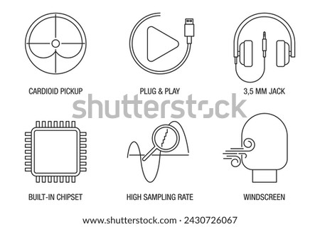 Microphone properties and benefits icons set for labeling, in thin line. High sampling rate, Built-in chipset, Windscreen, Cardioid pickup, Plug and play, 3,5 mm jack for earphones Royalty-Free Stock Photo #2430726067