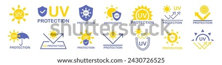 UV protection icon set. UV radiation icon. Ultraviolet symbol. Sun uv protection icons. Vector pictogram of sunscreen spf. Skincare illustration, sign for cosmetics packaging Royalty-Free Stock Photo #2430726525