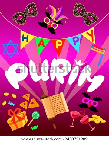 Happy Purim greeting card attributes scroll of Esther star of David ratchet glasses of wine gold coins gift carnival masks Vector