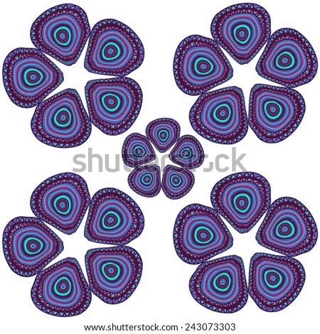 Hand drawn circles composed in abstract flower shapes. Doodle-like pattern on white background. Vector illustration.