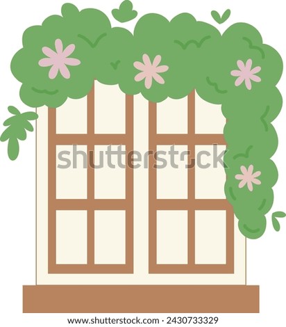 Wild plant and flower surround the windows. view isolated on house wall. Outdoor home theme. Vintage windows. Flat window vector illustration