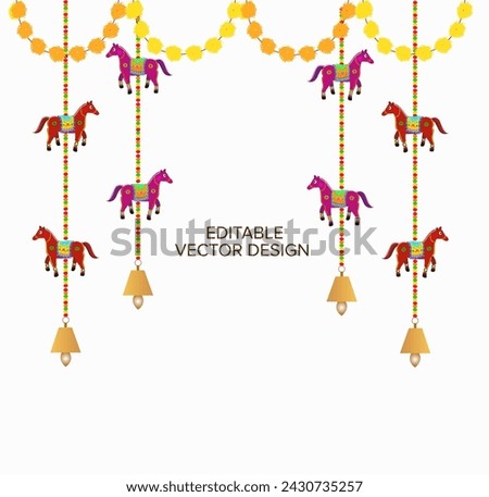 Traditional rajasthani decor hanging vector design with marigold garland, colorful horse, bells. Use for haldi ceremony decor, mehendi decor, indian wedding invite background. Sangeet setup decoration Royalty-Free Stock Photo #2430735257