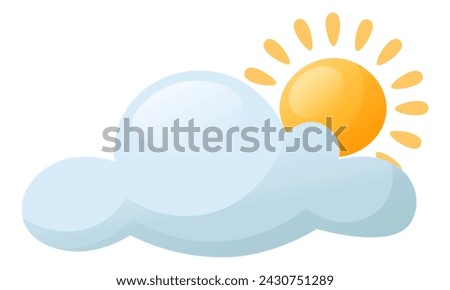 Cloud landscape, cloud with sun, sunny weather with clouds on a white background. Flat design of cartoon cloud and sun. Sunset, sunrise, daytime weather. Rain clouds with sun.