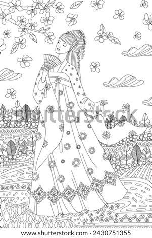 coloring book page for adults and kids. asian girl with elegant hair style in traditional dress hanfu with fan closed her eyes under branches of blossom tree against cloudy spring field landscape Royalty-Free Stock Photo #2430751355