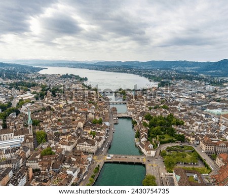 Zurich, Switzerland. Panorama of the city in cloudy weather. Summer day. Aerial view