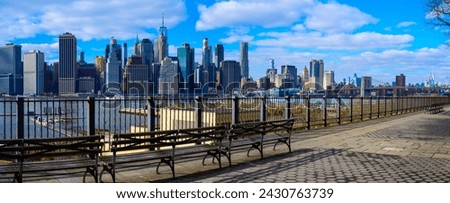 Panoramic New York City Lower Manhattan Skyline and skyscrapers over the East River, the view from Brooklyn Heights Promenade in New York, USA