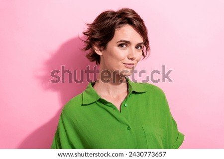 Photo of pretty good mood young lady wear green shirt smiling isolated pink color background