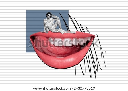 Exclusive magazine picture sketch collage image of cool funky lady sitting big smiling mouth isolated creative background