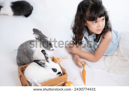 Smiling little girl and with their beloved fluffy rabbit, showcasing the beauty of friendship between humans and animals