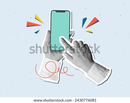 Black and white hands in a white shirt holding a phone with a empty screen. Vector illustration in a modern collage style