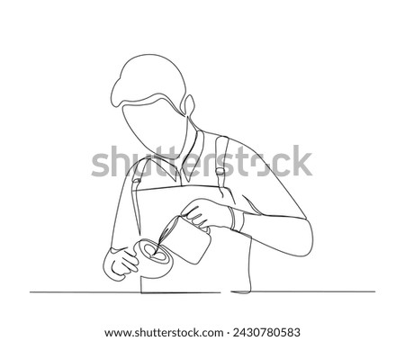 Continuous one line drawing of barista pouring milk to coffee, preparing drink. Barista making latte art in single outline vector illustration. Editable stroke. Royalty-Free Stock Photo #2430780583