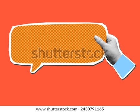 Black and white hand holds a color speech bubble with a copy space - element for collage. Vector illustration