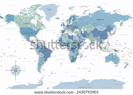 World Map - Highly Detailed Vector Map of the World. Ideally for the Print Posters. Blue Green White Colors