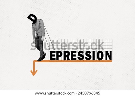 Creative collage photo young headless man depressed sad anxiety mental problem disorder walk upset arrow down drawing background
