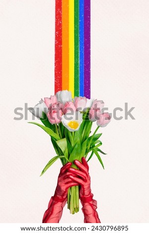Magazine picture sketch collage image of lady holding tulips bouquet colorful rainbow isolated white color background