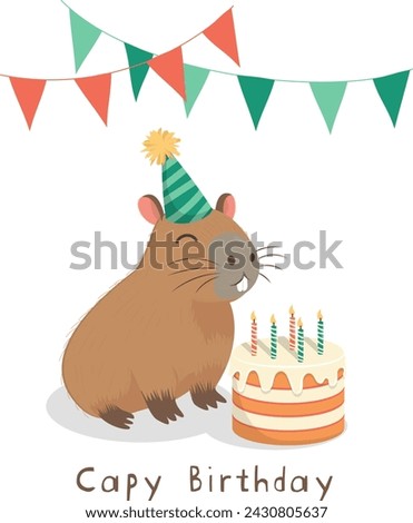Cute capybara in festive caps blowing out candles on a birthday cake, red and green flags, colorful confetti. Capy Birthday inscription. Postcard, greeting card, invitation, vector flat