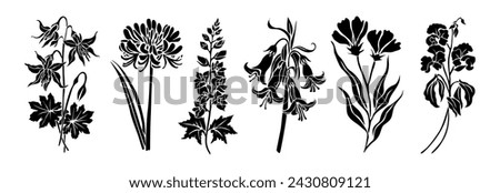 Set of wild flowers and leaves silhouettes.