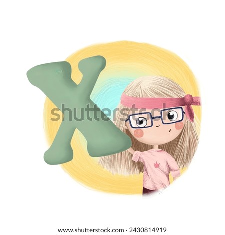 Cute little girl with letter X. Colorful cartoon graphics. Learn alphabet clip art collection on white background