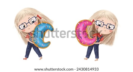 Cute little girl with chocolate donut- letter C. Tasty set on white background. Learn alphabet clip art collection