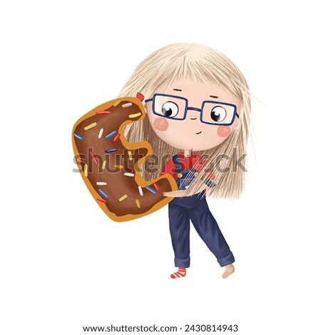 Cute little girl with chocolate donut- letter E on white background. Learn alphabet clip art collection