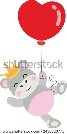 Cute king hippo flying with a heart shaped balloon
