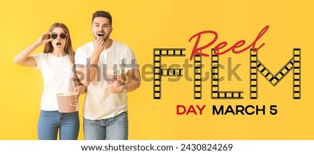 Banner for Reel Film Day with emotional young couple with popcorn watching movie