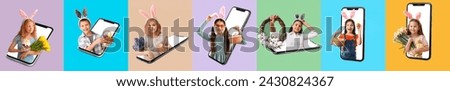 Collage of cute little children with mobile phones celebrating Happy Easter on color background