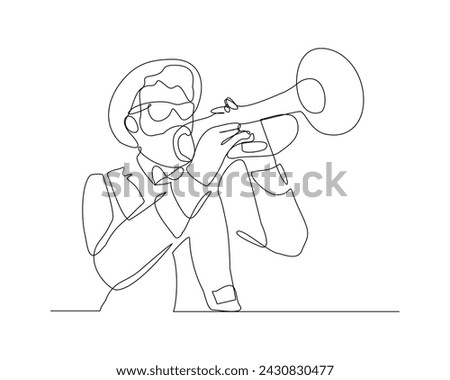 Continuous single line sketch drawing of man musician classic jazz playing trumpet saxophone music instrument. One line classic royal jazz orchestra vector illustration Royalty-Free Stock Photo #2430830477