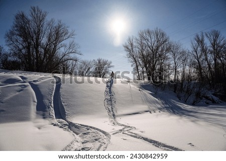 Winter landscape, man skiing downhill, winter adventure, walking in the fresh air. High quality photo