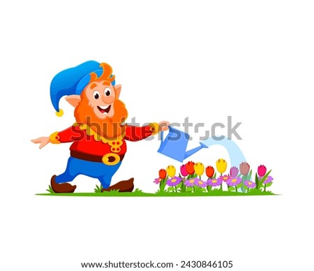 Cartoon gnome or dwarf gardener character, adorned in vibrant attire and a pointy hat, cheerfully tends to blooming flowers. Isolated vector personage carefully watering blooms with a contented smile Royalty-Free Stock Photo #2430846105
