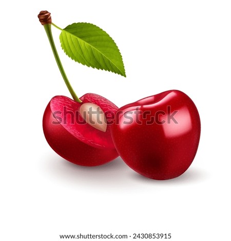 Illustration of smooth-skinned, ripe red sweet cherries with green leave, juicy light red flesh, and small pits, on a white background Royalty-Free Stock Photo #2430853915
