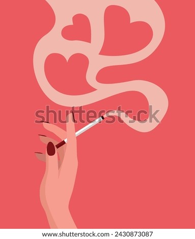 Woman's hand holds a cigarette icon symbol with love, heart sign or shape of smoke. Female vector with red nails in cartoon style. Lovely Valentine's day girl smoking logo.