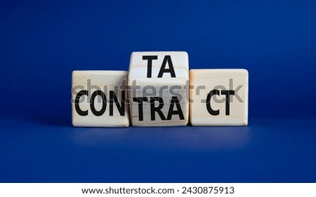 Contact and Contract symbol. Wooden cubes with words Contract and Contact. Beautiful deep blue background. Contact and Contract and business concept. Copy space
