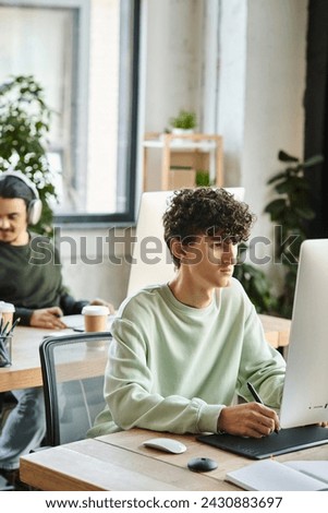 Young curly man engaged in retouching work on a graphic tablet with stylus pen near colleague